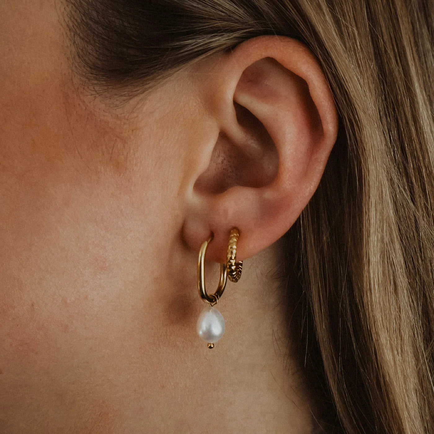 Earrings - Katy B - Rectangle Pearl Hoops