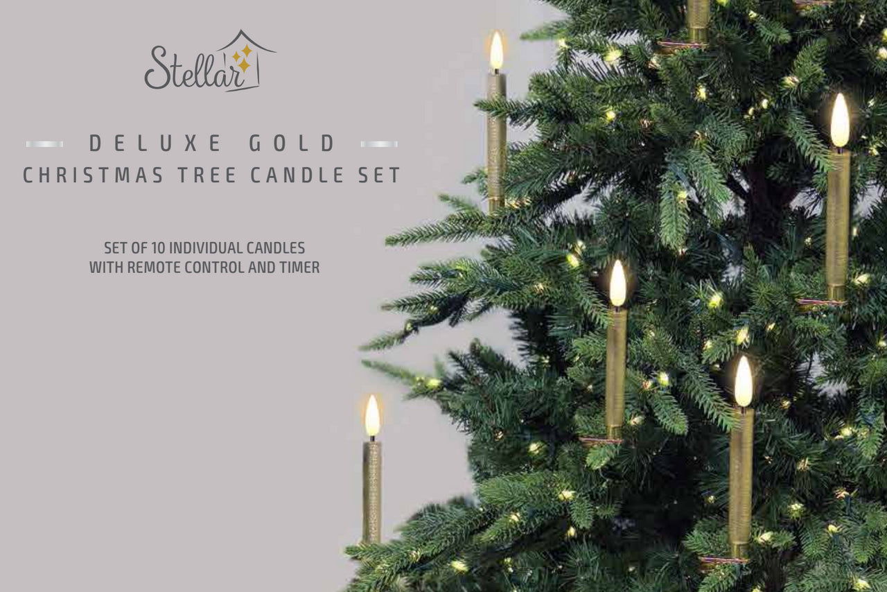 Deluxe Christmas Tree Candles - Gold Candle 10pc Set with clamps