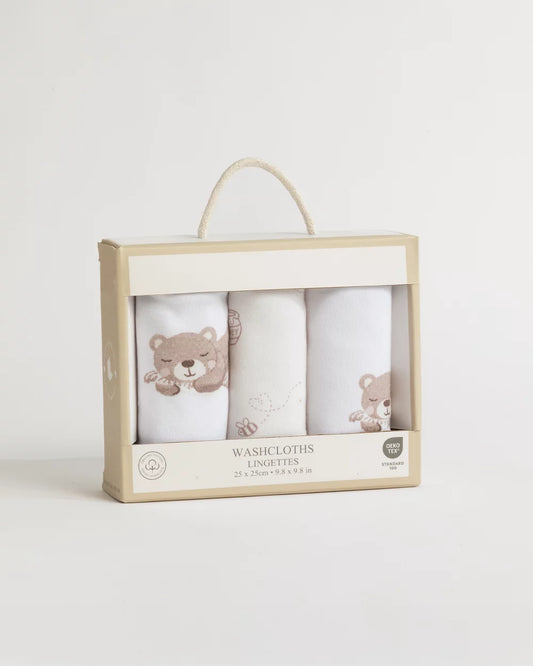 3 Pack Organic Wash Cloths - Cuddly Bear