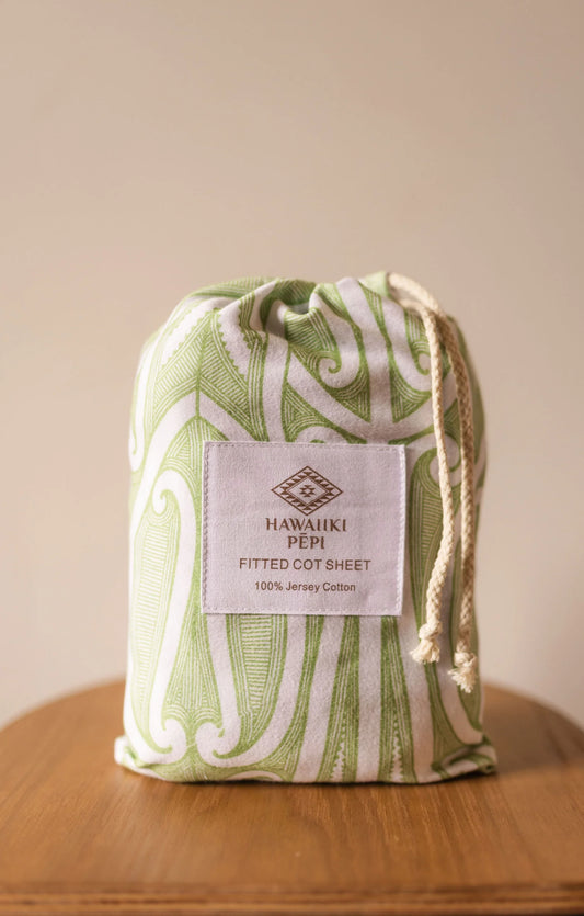 Fitted Cot Sheet - Taurikura Green - Hawaiiki Pēpi