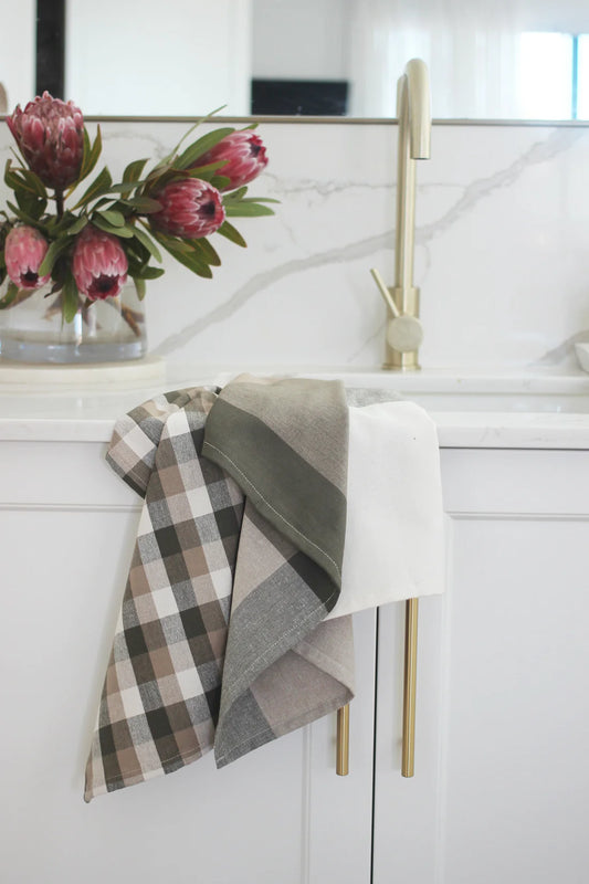 Small Check Tea Towel Olive - Single